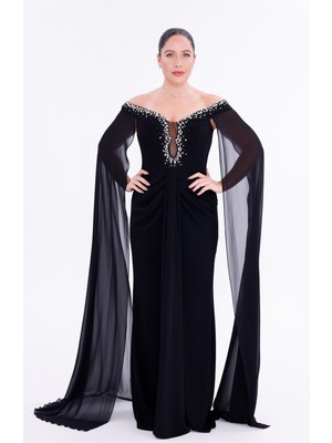 Bdm Exclusive Straplez Taş Işlemeli Omuz Şifon Pelerinli Büyük Beden Abiye Elbise