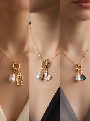 NKT Collection Turkuaz Damla Pembe Kalp Kaktüs Incili Kolye