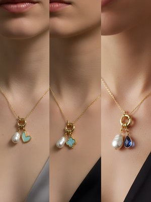 NKT Collection Mavi Damla Turkuaz Yonca Turkuaz Kalp Incili Kolye
