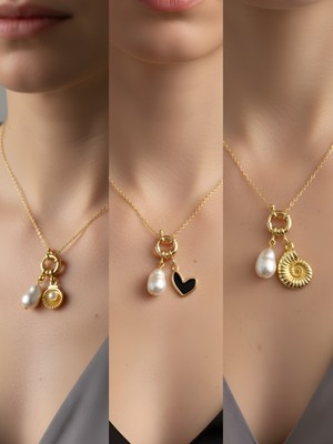 NKT Collection Deniz Kabuğu Siyah Kalp Kutup Yıldızı Incili Kolye