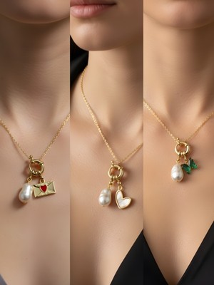 NKT Collection Zümrüt Yeşili Kelebek Beyaz Kalp Ay Güneş Incili Kolye