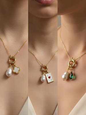 NKT Collection Zümrüt Yeşili Damla Kupa As Beyaz Yonca Incili Kolye