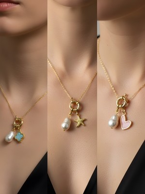 NKT Collection Pembe Kalp Deniz Yıldızı Pembe Yonca Incili Kolye