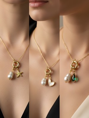 NKT Collection Zümrüt Yeşili Damla Beyaz Kalp Deniz Yıldızı Incili Kolye