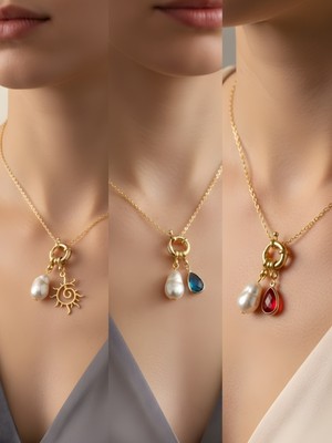 NKT Collection Kırmızı Damla Turkuaz Damla Güneş Incili Kolye