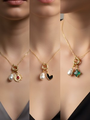 NKT Collection Zümrüt Yeşili Yıldız Siyah Kalp Ay Güneş Incili Kolye