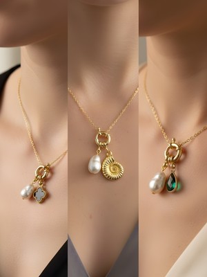 NKT Collection Zümrüt Yeşili Damla Deniz Kabuğu Siyah Yonca Incili Kolye