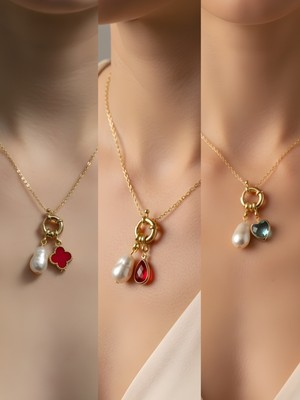 NKT Collection Kırmızı Damla Turkuaz Kalp Kırmızı Yonca Incili Kolye