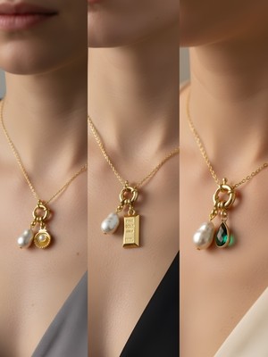 NKT Collection Zümrüt Yeşili Damla Külçe Altın Midye Incili Kolye