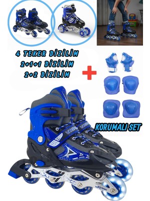 Yıldırım Oyuncak Silikon Tekerli Işıklı Ayarlanabilir Çocuk Pateni 2+1+1 2+2 Ve Tek Sıra 3in1 Dizlik Dirseklikli Korumalı Set