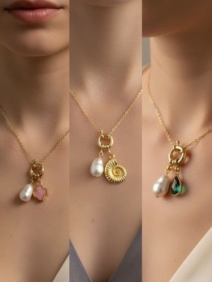 NKT Collection Zümrüt Yeşili Damla Deniz Kabuğu Pembe Yonca Incili Kolye