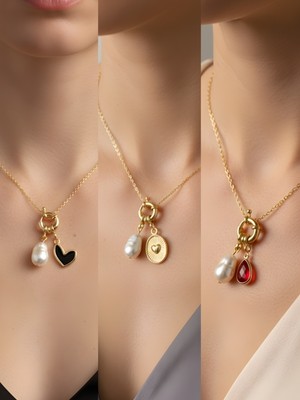 NKT Collection Kırmızı Damla Kabartma Kalp Siyah Kalp Incili Kolye