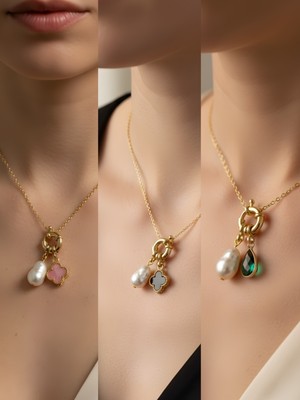 NKT Collection Zümrüt Yeşili Damla Siyah Yonca Pembe Yonca Incili Kolye