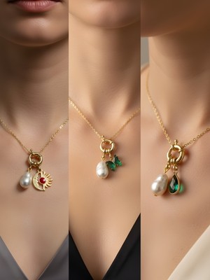 NKT Collection Zümrüt Yeşili Kelebek Zümrüt Yeşili Damla Ay Güneş Incili Kolye