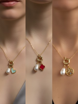 NKT Collection Hayat Ağacı Kırmızı Yonca Turkuaz Kalp Incili Kolye