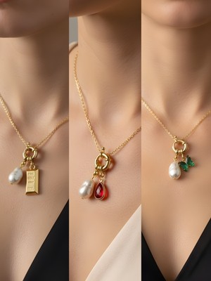 NKT Collection Kırmızı Damla Zümrüt Yeşili Kelebek Külçe Altın Incili Kolye