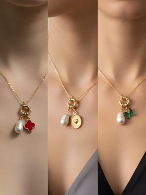 NKT Collection Zümrüt Yeşili Kelebek Kabartma Kalp Siyah Yonca Incili Kolye