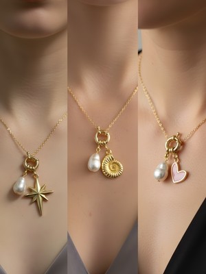 NKT Collection Pembe Kalp Deniz Kabuğu Kalpli Zarf Incili Kolye