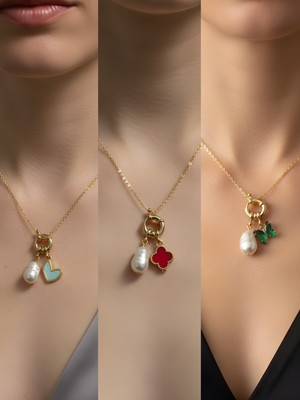 NKT Collection Zümrüt Yeşili Kelebek Kırmızı Yonca Kupa As Incili Kolye