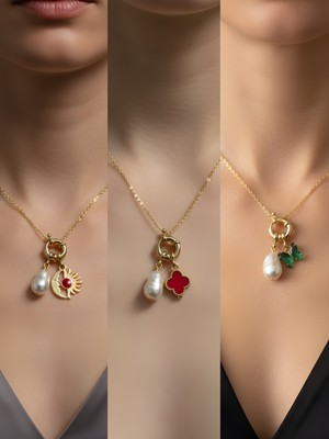 NKT Collection Zümrüt Yeşili Kelebek Kırmızı Yonca Turkuaz Kalp Incili Kolye