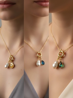 NKT Collection Zümrüt Yeşili Damla Turkuaz Damla Midye Incili Kolye