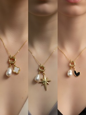 NKT Collection Siyah Kalp Kutup Yıldızı Beyaz Yonca Incili Kolye