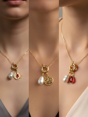 NKT Collection Kırmızı Damla Hayat Ağacı Ay Güneş Incili Kolye