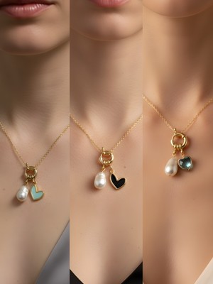 NKT Collection Turkuaz Kalp Siyah Kalp Turkuaz Kalp Incili Kolye