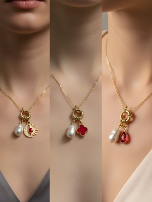 NKT Collection Kırmızı Damla Kırmızı Yonca Ay Güneş Incili Kolye