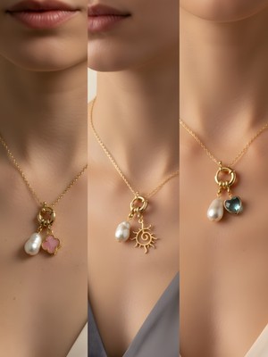 NKT Collection Turkuaz Kalp Güneş Turkuaz Yonca Incili Kolye