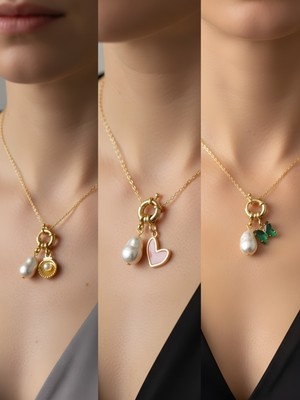 NKT Collection Zümrüt Yeşili Kelebek Pembe Kalp Kutup Yıldızı Incili Kolye