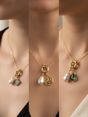 NKT Collection Zümrüt Yeşili Damla Hayat Ağacı Siyah Yonca Incili Kolye