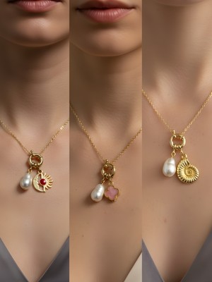 NKT Collection Deniz Kabuğu Pembe Yonca Turkuaz Kalp Incili Kolye