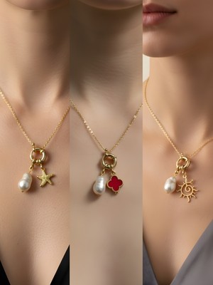 NKT Collection Güneş Kırmızı Yonca Deniz Yıldızı Incili Kolye