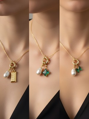 NKT Collection Zümrüt Yeşili Kelebek Zümrüt Yeşili Yıldız Külçe Altın Incili Kolye