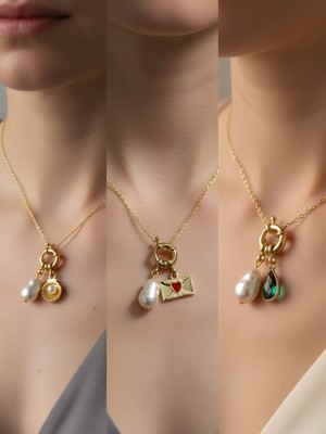 NKT Collection Zümrüt Yeşili Damla Midye Kalpli Zarf Incili Kolye