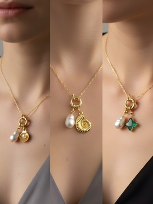 NKT Collection Zümrüt Yeşili Yıldız Deniz Kabuğu Midye Incili Kolye