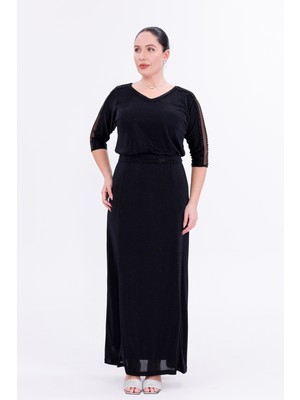 Bdm Exclusive Simli Kumaş Truvakar Kol Taş Işlemeli Kuşaklı Büyük Beden Abiye Elbise