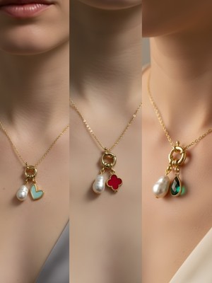 NKT Collection Zümrüt Yeşili Damla Kırmızı Yonca Turkuaz Kalp Incili Kolye