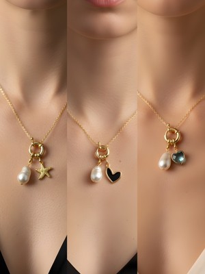 NKT Collection Turkuaz Kalp Siyah Kalp Deniz Yıldızı Incili Kolye