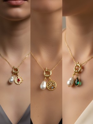 NKT Collection Zümrüt Yeşili Damla Hayat Ağacı Ay Güneş Incili Kolye