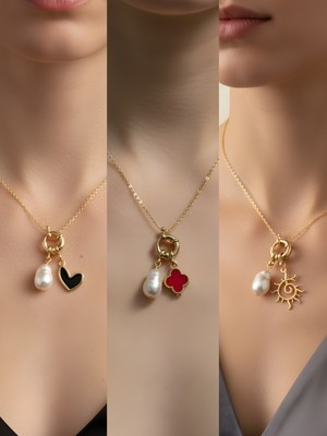 NKT Collection Güneş Siyah Kalp Kırmızı Yonca Incili Kolye