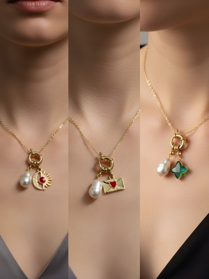 NKT Collection Zümrüt Yeşili Yıldız Kalpli Zarf Ay Güneş Incili Kolye