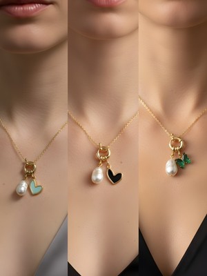 NKT Collection Zümrüt Yeşili Kelebek Siyah Kalp Kupa As Incili Kolye