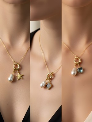 NKT Collection Turkuaz Kalp Siyah Yonca Deniz Yıldızı Incili Kolye