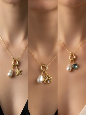 NKT Collection Turkuaz Kalp Hayat Ağacı Siyah Yonca Incili Kolye