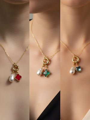 NKT Collection Turkuaz Kalp Zümrüt Yeşili Yıldız Külçe Altın Incili Kolye