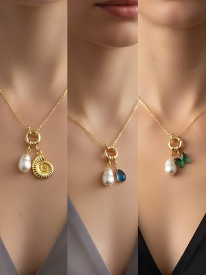 NKT Collection Zümrüt Yeşili Kelebek Turkuaz Damla Deniz Kabuğu Incili Kolye