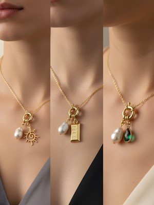 NKT Collection Zümrüt Yeşili Damla Güneş Külçe Altın Incili Kolye