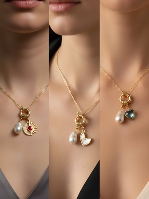 NKT Collection Turkuaz Kalp Beyaz Kalp Ay Güneş Incili Kolye